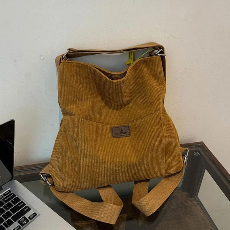 Fashion Corduroy School Bag For Women With Convertible Shoulder Strap And Practical Backpack Crossbody Purse Satchel