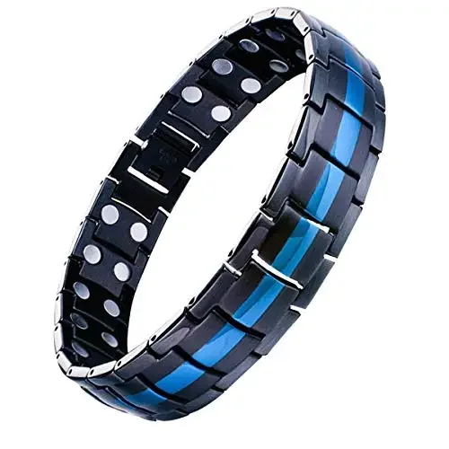 Magnetic Bracelet for Men Titanium Steel Magnetic Bracelet for Men with Double Row Magnets Adjustable (Black & Blue Line)