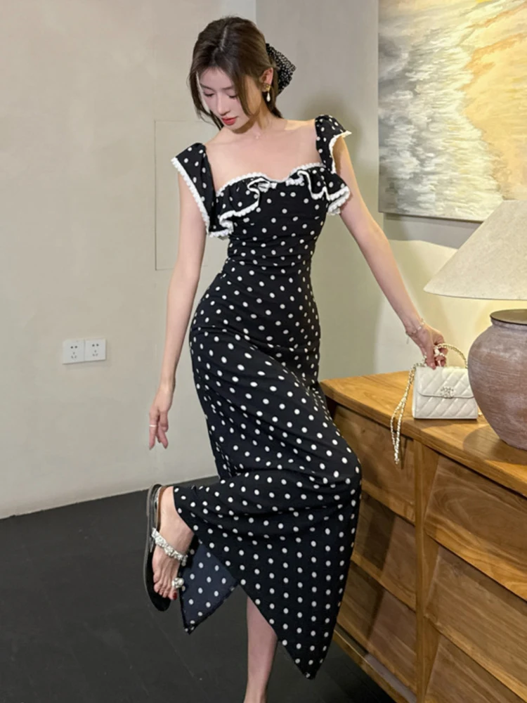 Frauen Kleidung Retro Dot Print Sexy Sling Square Neck Schlank Maxi Lange Kleid Elegante Dame Mode Party Prom Vestidos Robe Koreanische