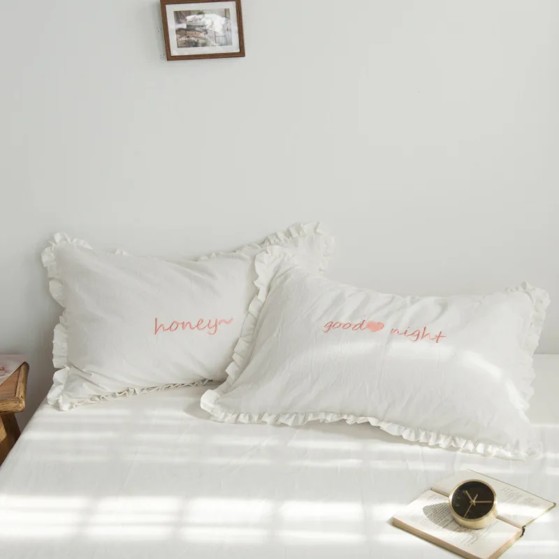 48X74cm White/Pink/Gray 100% Washed Cotton Embroidery honey good night Letter Pillowcase Ruffle Pillow Cover Bedroom Pillow Case