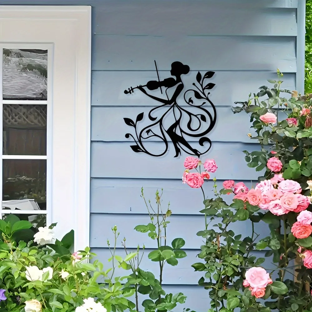 CIFBUY Metal Wall Art Violin Player Wrought Iron Sculpture Retro Floral Design Detailed Musical Instrument Decor for Living Room