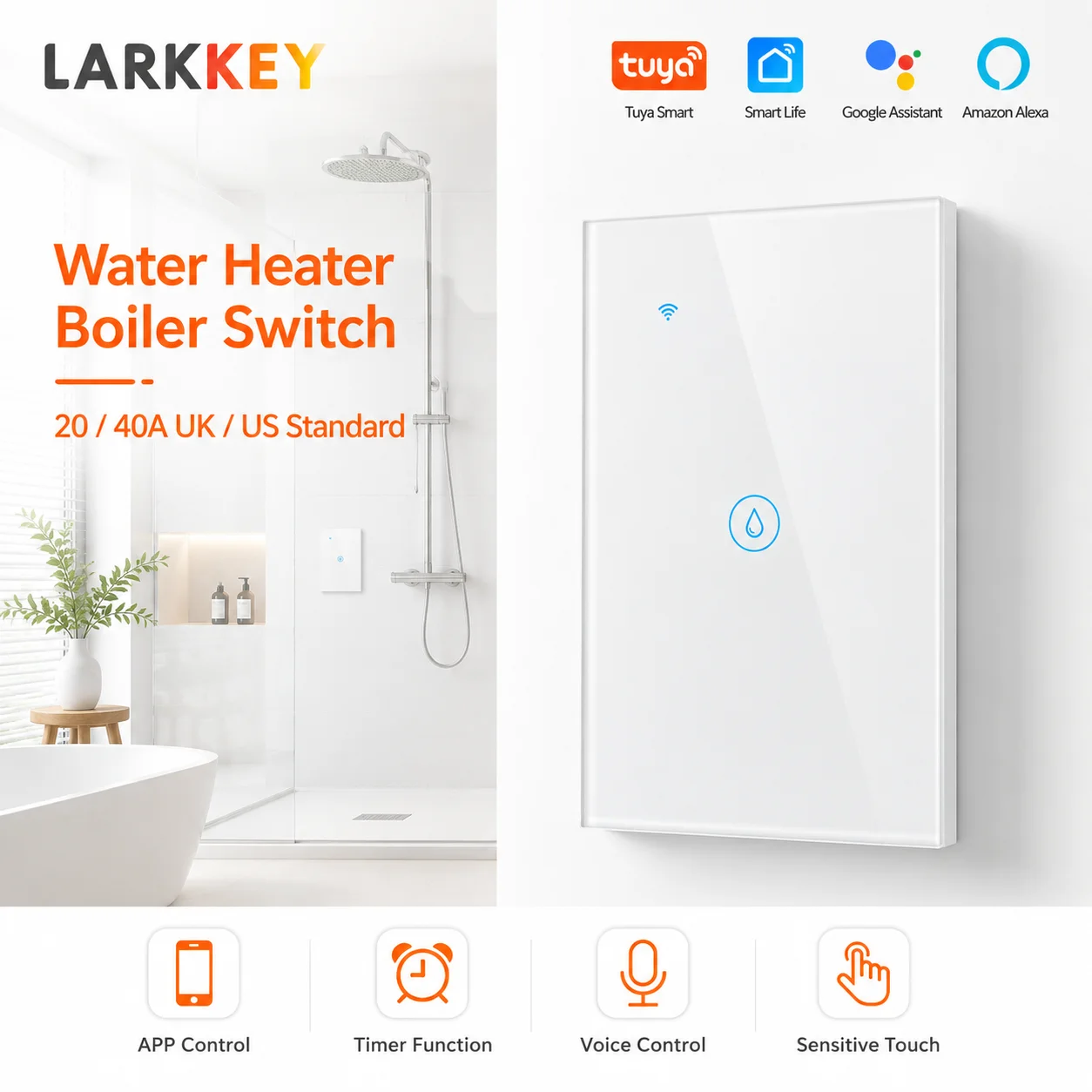 Tuya WiFi Touch Smart Water Heater Boiler Switch US/EU/UK 20A 40A Timer Switch Voice Control Works with Alexa Google Home
