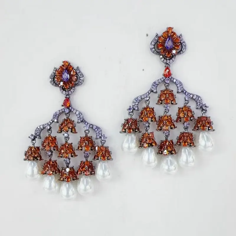 Bilincolor Fashion Orange Red Synthetic Pearl Tassel Earring for Women Wedding