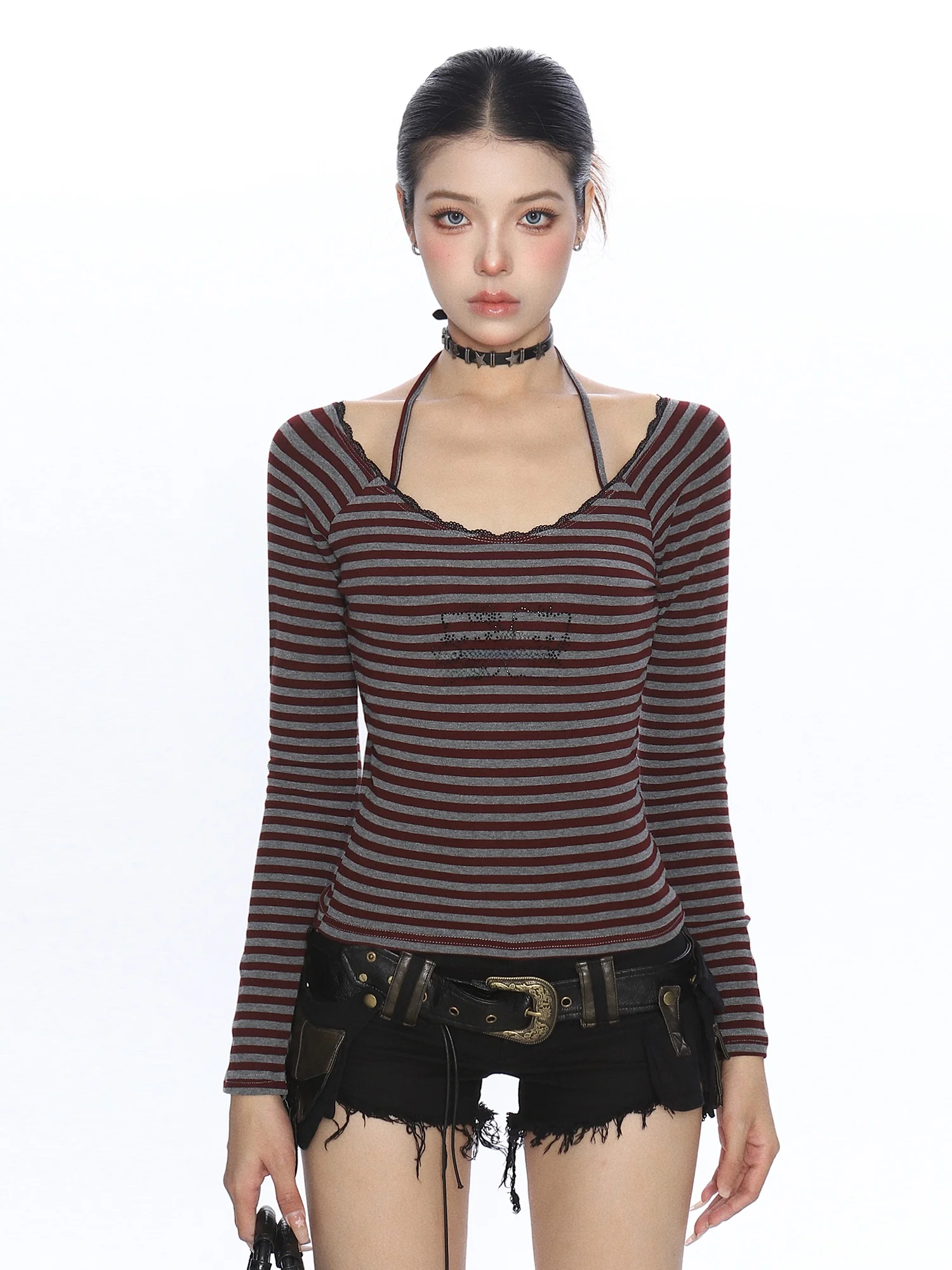 

Slim Fit Long Sve T-irt Women's Spring Autumn Trendy Diamond Embellied Striped Base irt V Ne Cotton Blend Top