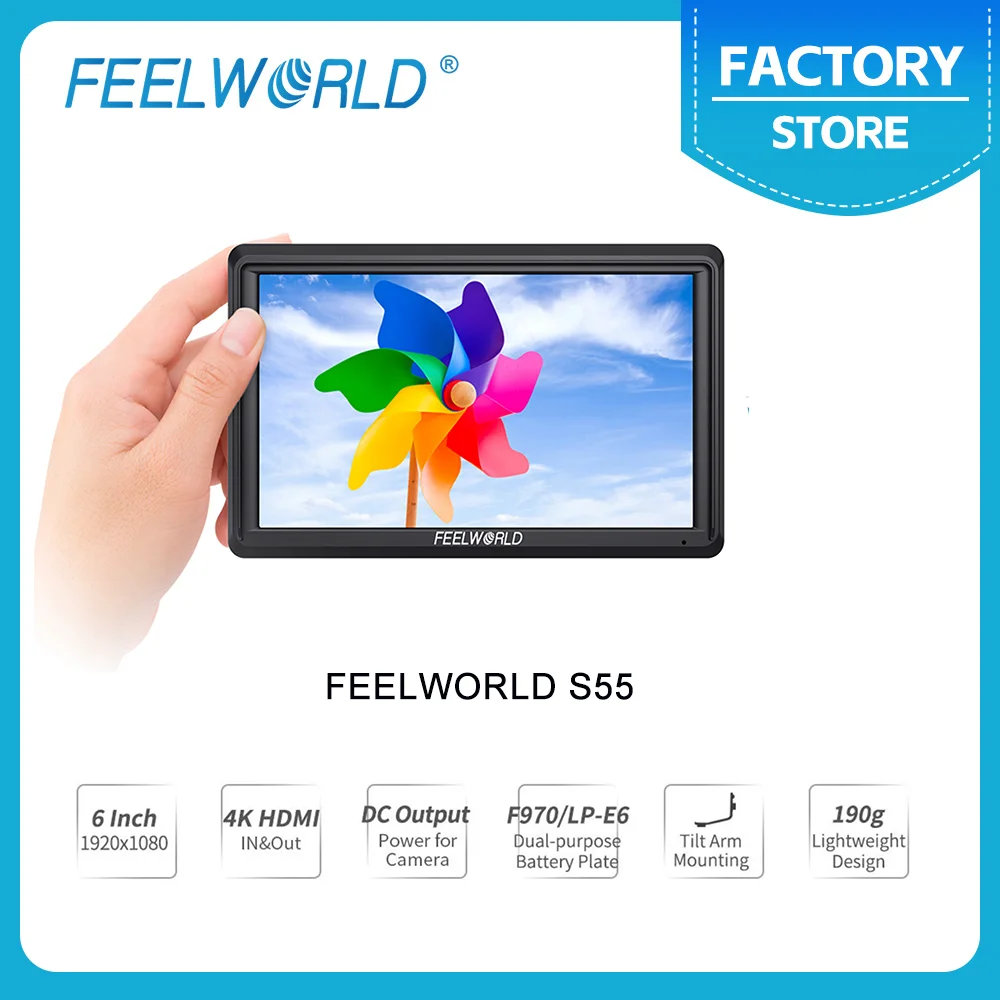 

FEELWORLD S55 6 Inch DSLR Camera Field Monitor FHD IPS Support 4K HDMI Input Output Tilt Arm Power Output