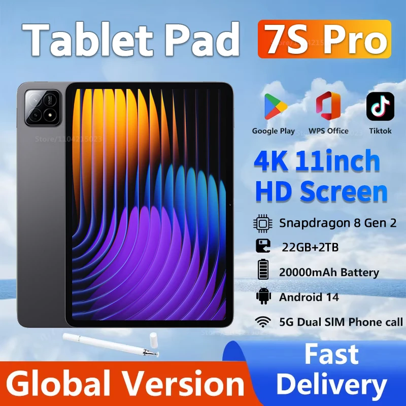 النسخة العالمية الأصلية Pad 7S Pro Tablet Android 14 16GB 1TB 2TB Snapdragon 8 gen2 10Core Tablets PC 5G Dual WIFI HD PAD 7 Pro