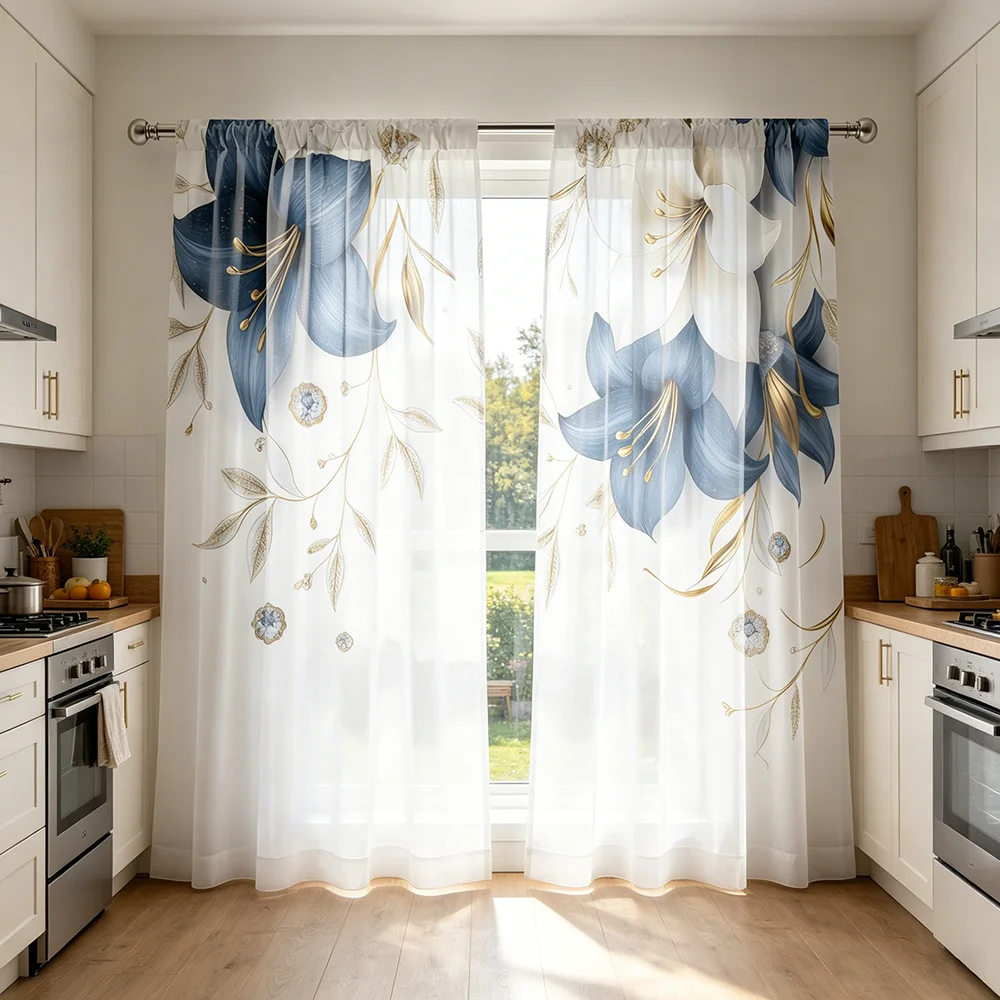 2pcs 3D Lily Pattern with Gold Foil Print Luxury Art Style Flat Print Curtain 100% Polyester Fabric Pole Pocket Style No Lining
