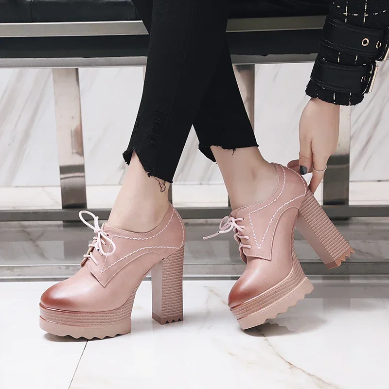 British Women Platform Pumps PU Leather Painted Round Toe Chunky Block High Heel Derby Brogues Casual Lace-up Oxfords Lady Shoes