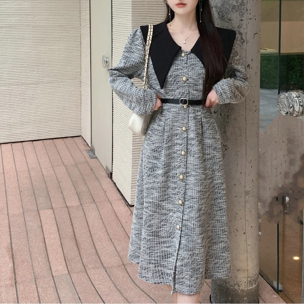 Long Sleeved Dress for Women Autumn Winter 2023 New High Waist Slim Mid-length Dresses Temperament Laple Single-breasted Vestido