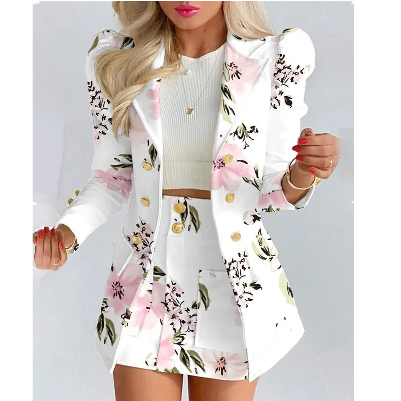 Cacocala 2023 Spring New Suit Long-sleeved Solid Color Women Top Mini Skirt Two-piece Female Blazer