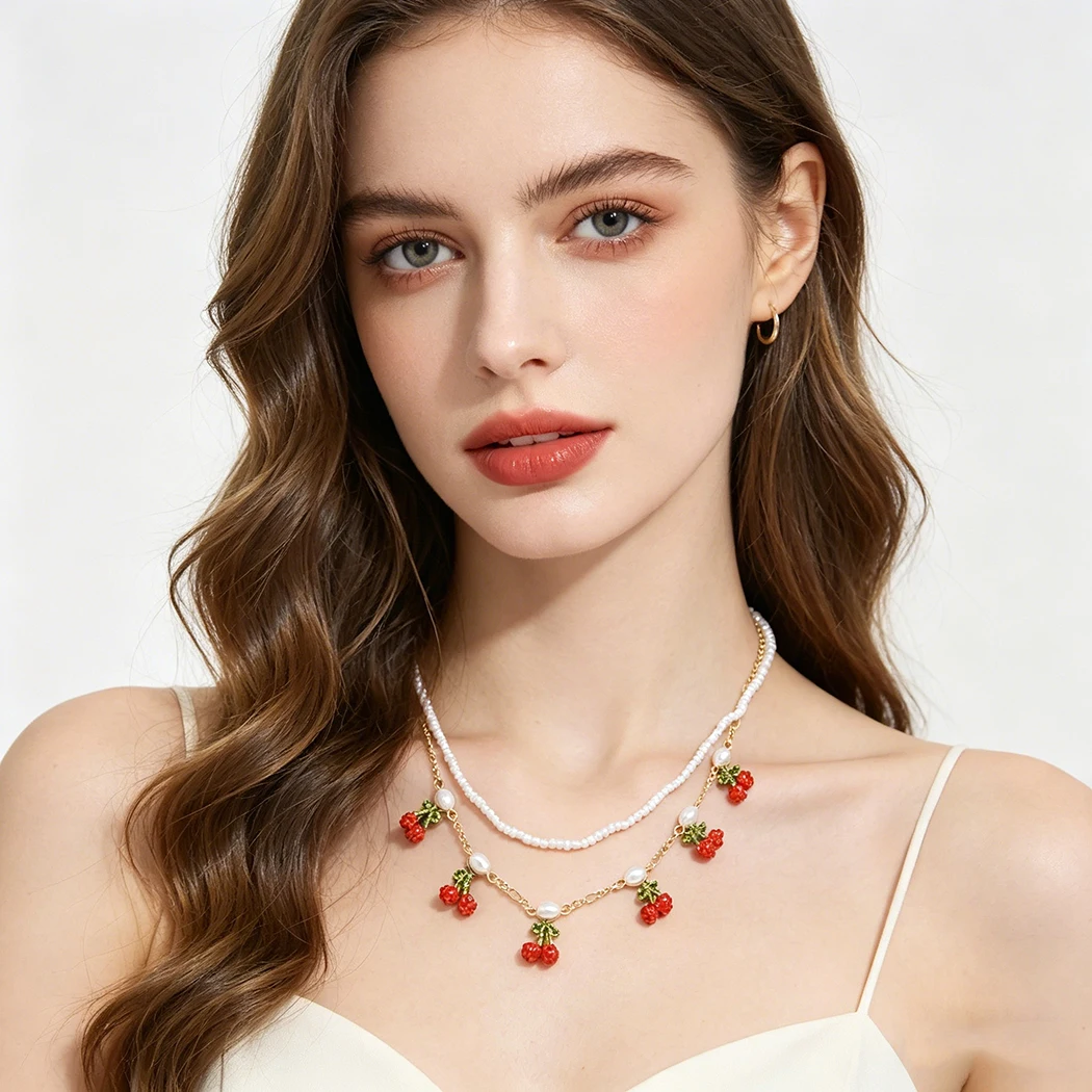 Super Cute Ladybug Cherry Layered Necklace for Women Animal Pendant Beaded Fruit Choker Sweet Daily Necklaces Girl's Jewelry