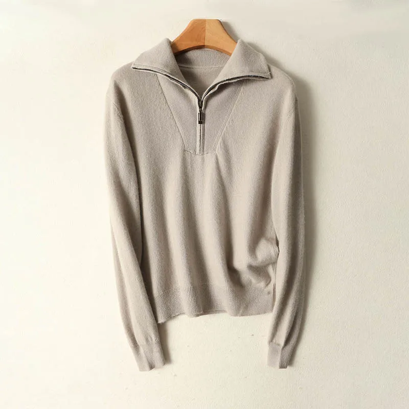 

Women Turn-down Collar Sweater Long Sleeve Pullover Spring Autumn Casual Half Zipper 100% Merino Wool Knitwear Korean Tops