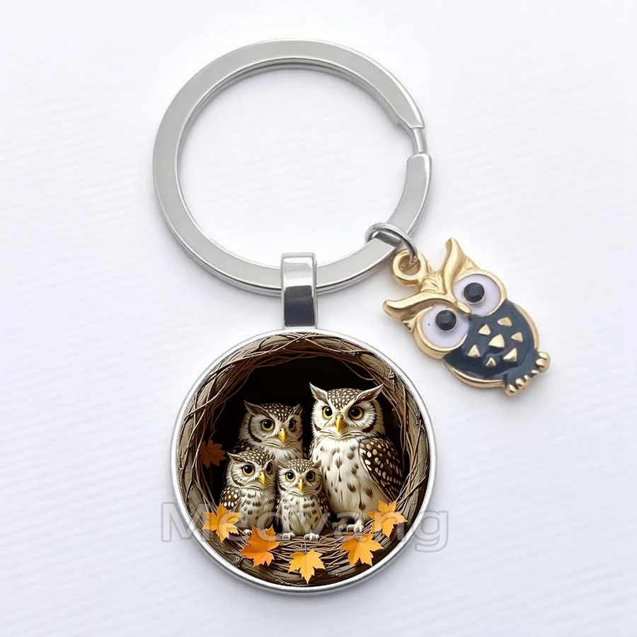 2026 Retro Owl Keychain Owl Family Pattern Glass Keychain Gift Wholesale