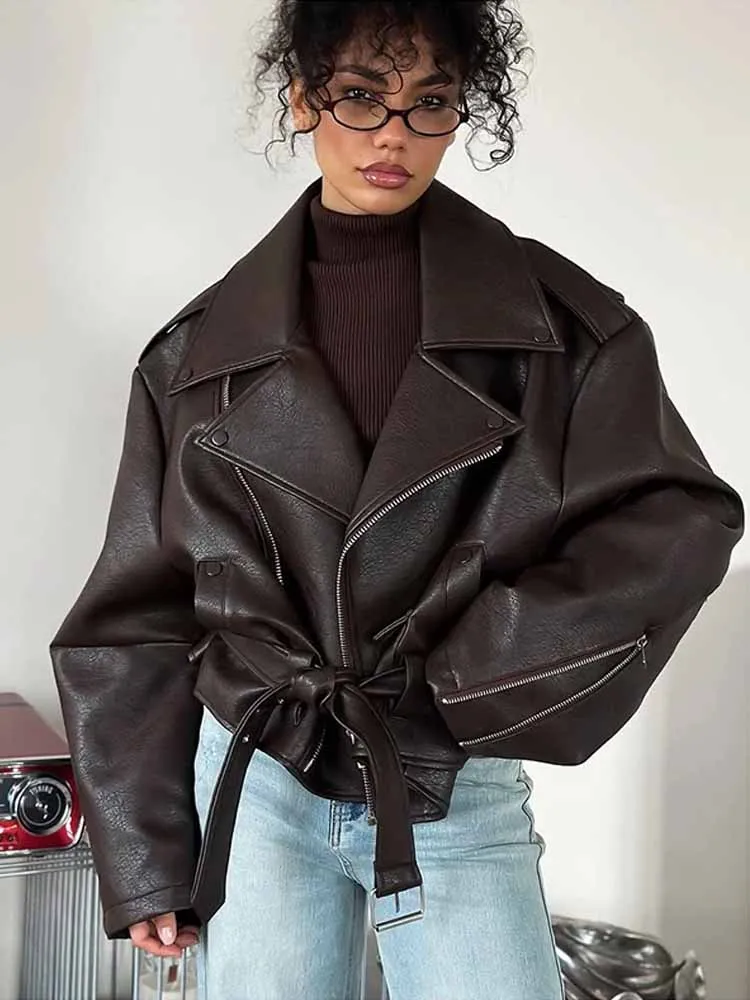 

Vintage Pu Leather Lace Up Belt Jacket Women's Lapel Zipper Pocket Loose Short Coat 2025 Autumn Lady Chic High Street Outwear