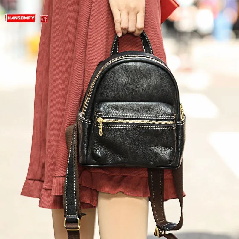 

Top Layer Cowhide Women Backpack Genuine Leather Schoolbag Original Niche Backpack Female Backpack Preppy Style