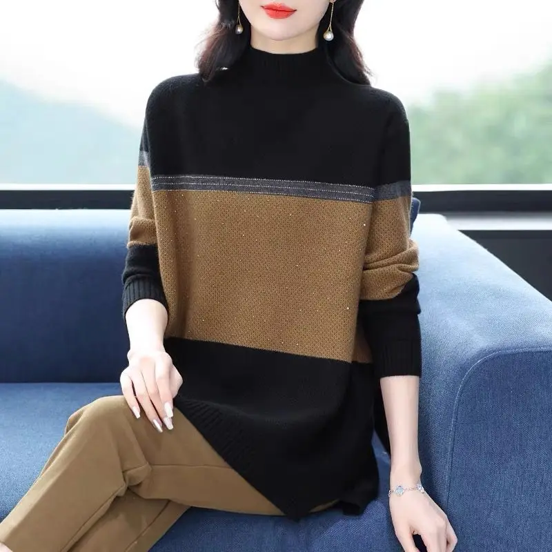 Women Korean Fashion Contrast Color Minimalist Chic Knitted Sweater Elegant Half High Collar Long Sleeve Oversized Pullover Tops