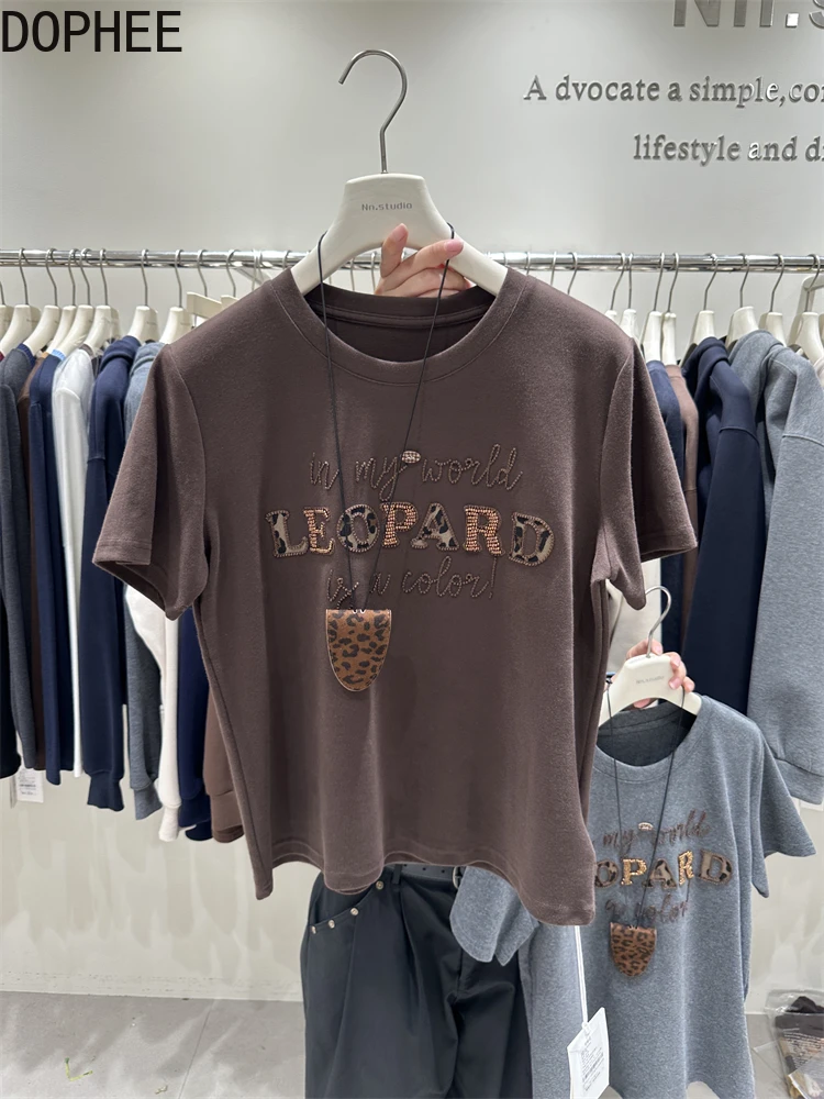 

Thicken Sanding Slimming Female T-shirt Autumn Winter Leopard Diamonds Letters High Waist Crop Top Hot Chick Skinny Cotton Tees