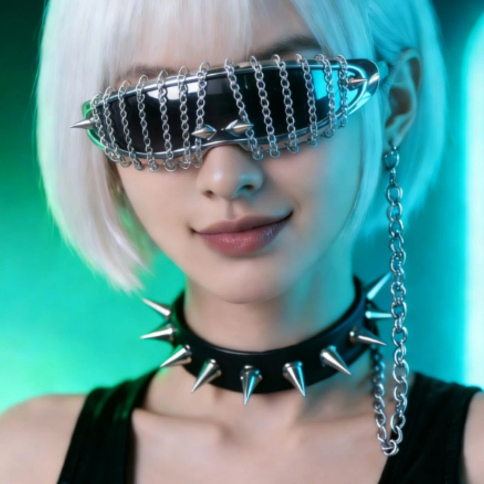 Futuristic Futurepunk Glasses Pointed prong Accents, Silver-Toned Full-Frame, Glasses with Chain Fringe, for Festivals