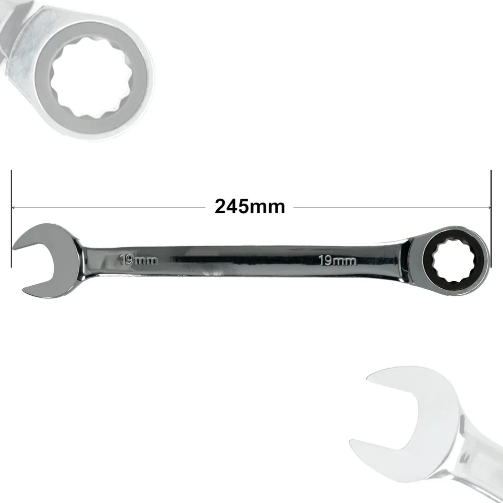 19mm Ratchet Spanner 72-Tooth, Fixed Head Gear Wrench Open End & Ring Combination, Manual Quick Ratcheting Tool