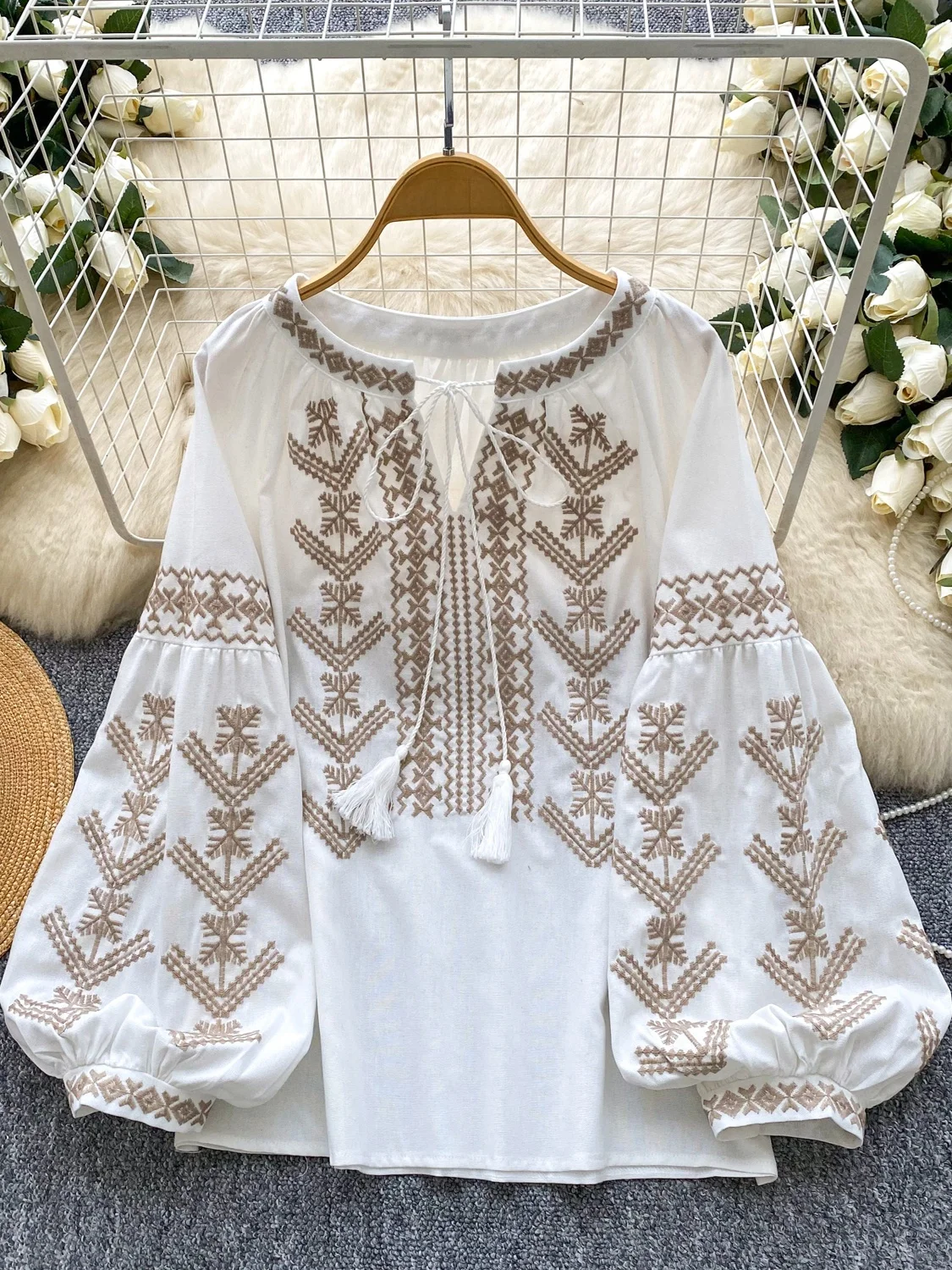 Vintage Ukrainischer Stil Besticktes Hemd - Böhmische Langarm-Puffärmel-Bluse für Sommer, Strand & Freizeitkleidung