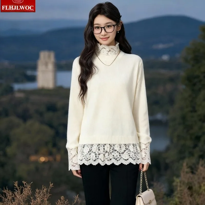 

Ruffles Crochet Hollow Out White Lace Tops Blouses Cute Girls Woman 2026 Spring Basics Shirts Belly Half Turtleneck Peplum Top