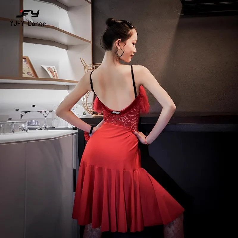 

New Red Lace Latin Dance Competition Dress Women Practice Wear Cha Cha Rumba Samba Performance Costume Strapable Dress