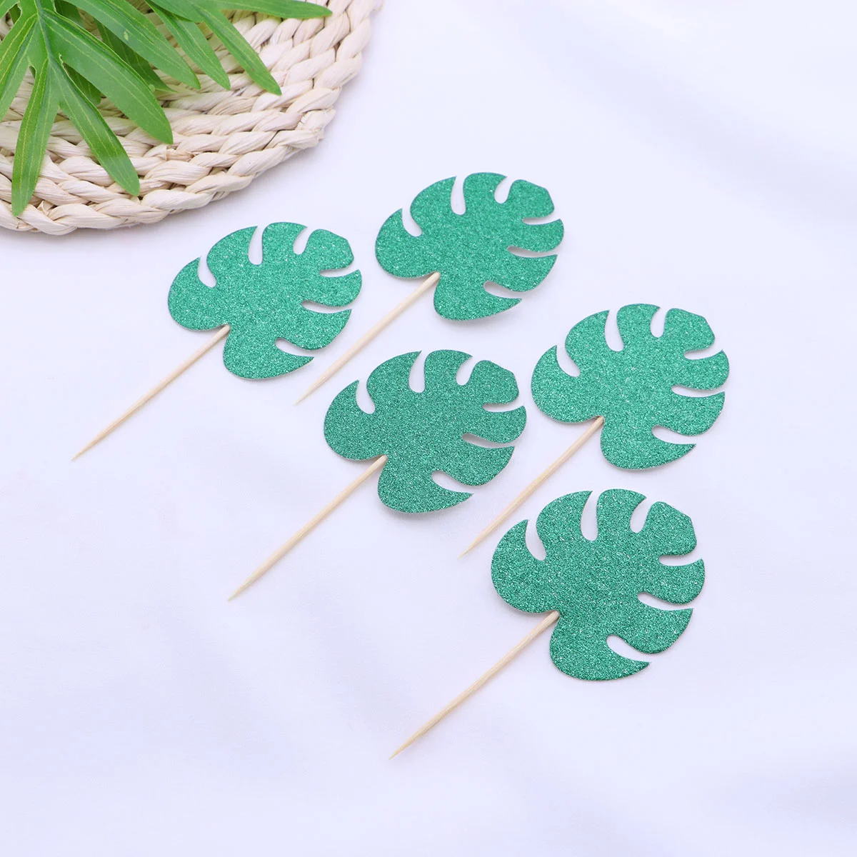 20pcs Monstera Leaf Cake Toppers Tropical Palm Leaves Cupcake Topper Hawaiian Luau Party Decoration (Deep Green)