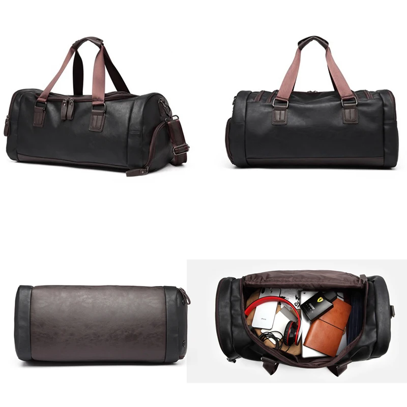 PU Leather Large Capacity Men Fitness Bag Dry Wet Separation Travel Bag Waterproof Crossbody Shoulder Bag with Shoe Compartment