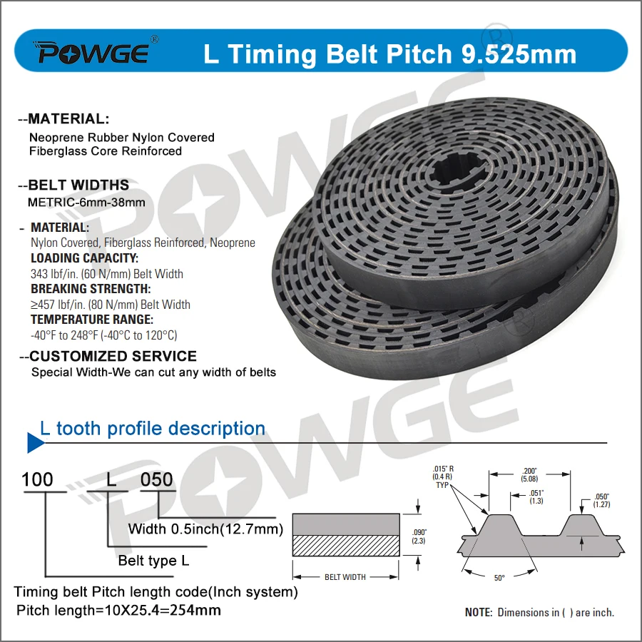POWGE PU L Open Timing belt Width 10/12.7/16/19.1/25.4/38.1/40/50mm Pitch 9.525mm Rubber fiberglass Polyurethane Steel L pulleys