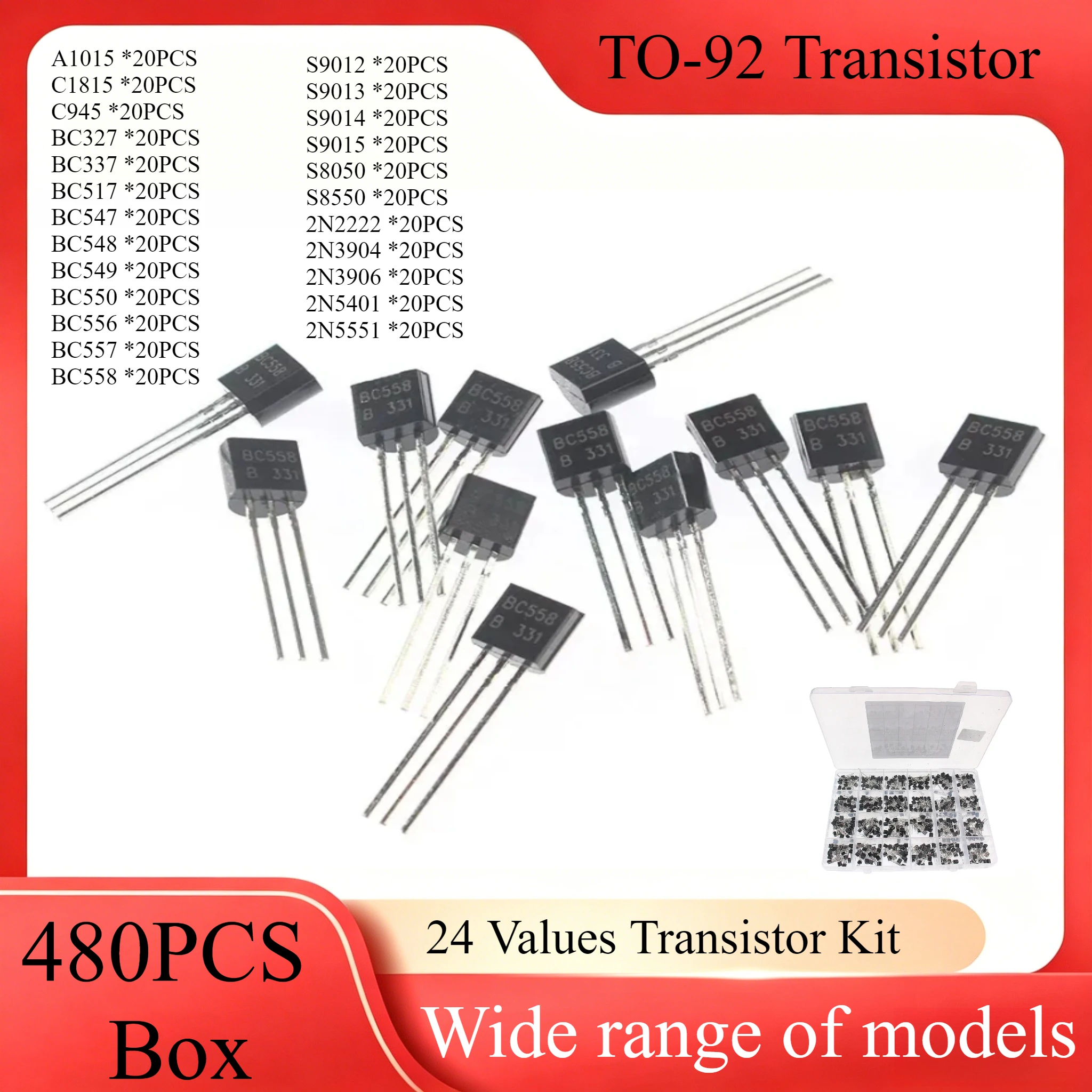 24 Values 480PCS TO-92 Transistor Kit BC547 BC548 BC549 BC556 BC557 S8050 S8550 NPN PNP Set