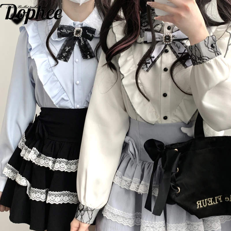 Dophee Original Landmine System Ruffles Turn-down Collar Women Blouses Lolita Top Cute Princess Long Sleeve Casual Shirts 2024