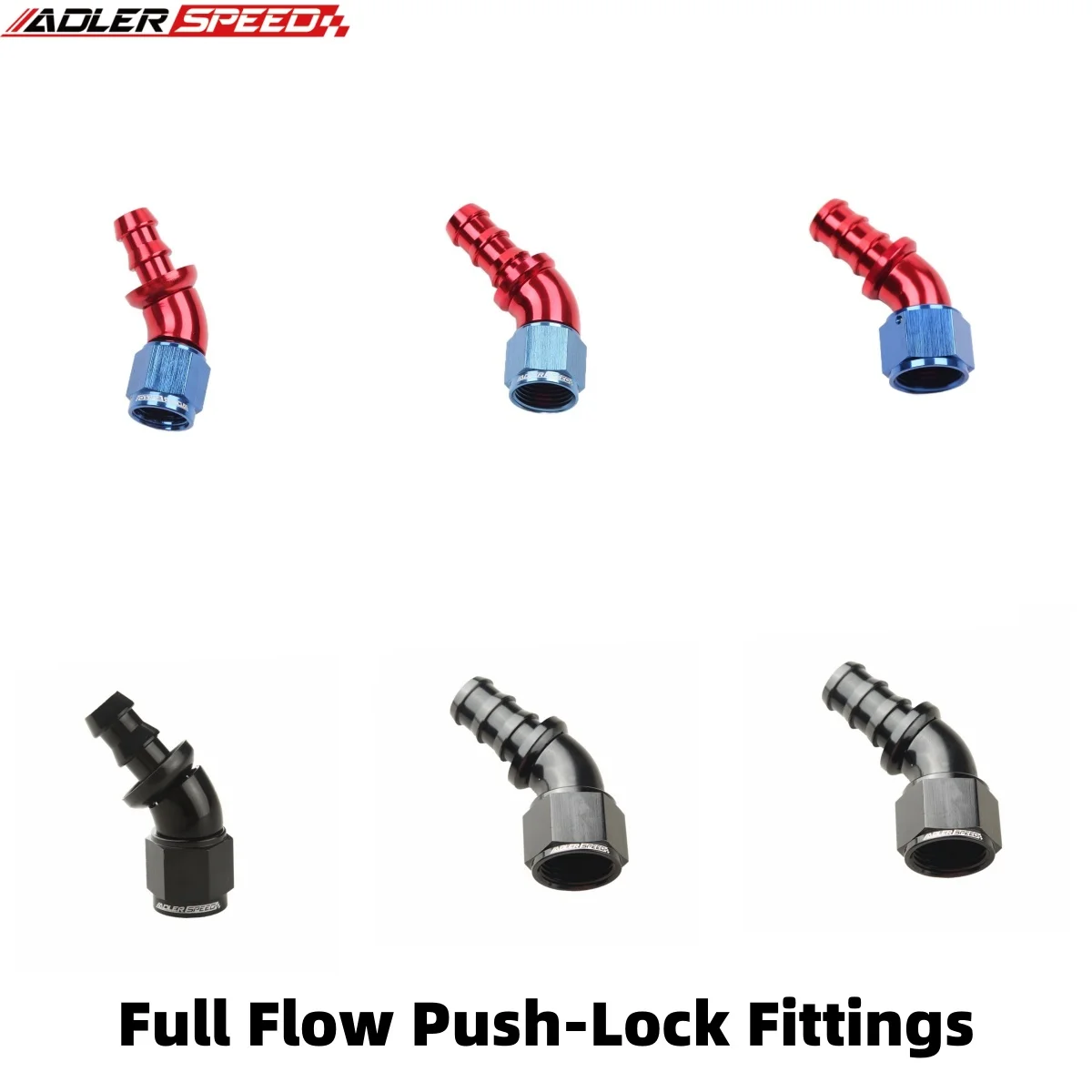 1pcs AN4 AN6 AN8 AN10 AN12 AN16 Full Flow Oil Fuel Hose Fitting Push-Lock Push On Hose End Aluminum Universal 45 Degree