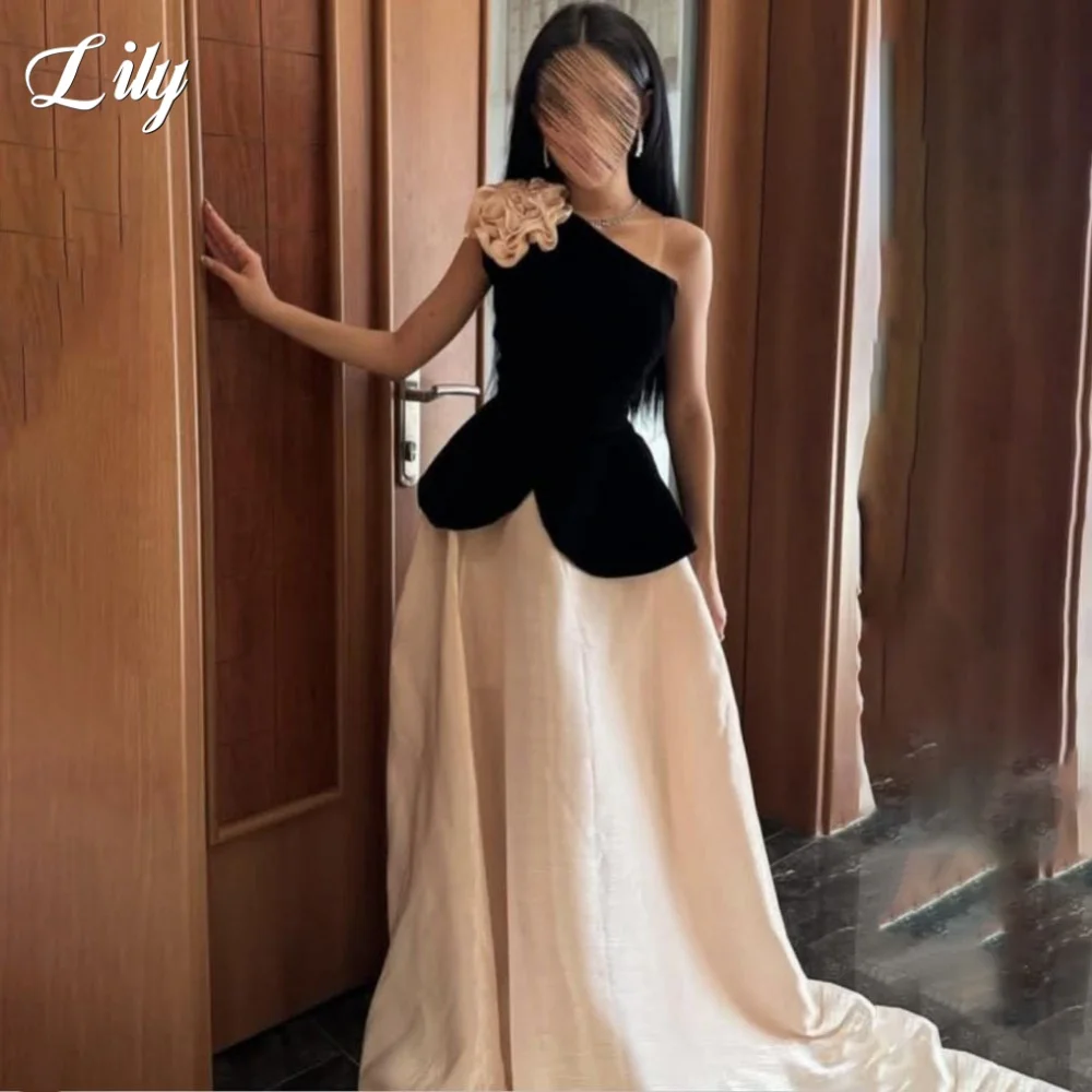 

Lily Black Evening Dresses with Flowers A-Line Party Dresses Satin Pleats One Shoulder Floor Length robe de soirée Customized