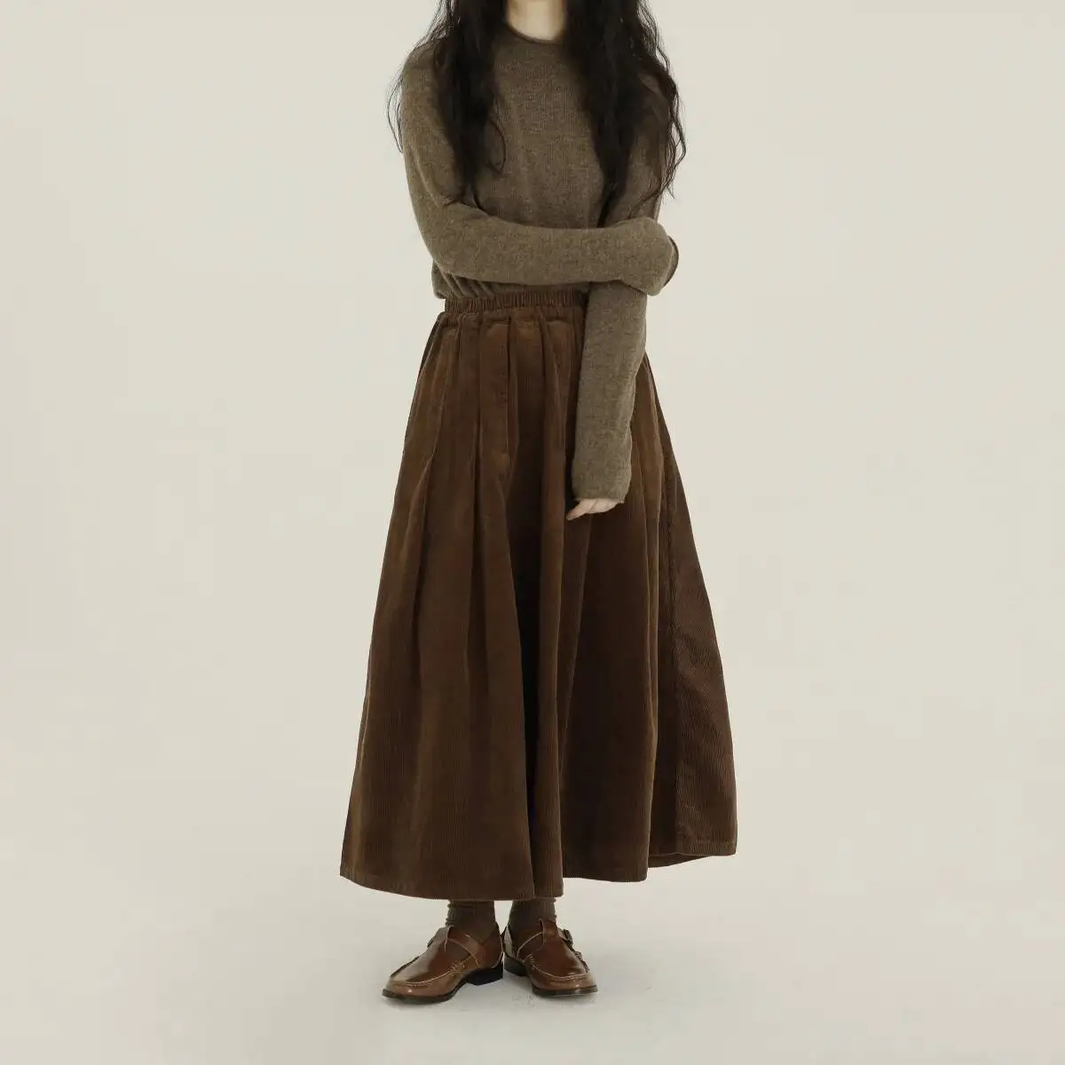 Autumn and Winter All Cotton Corduroy Elastic Waist Mid Long Versatile Warm Pleated A-Line Skirt Zen Half Skirt for Women