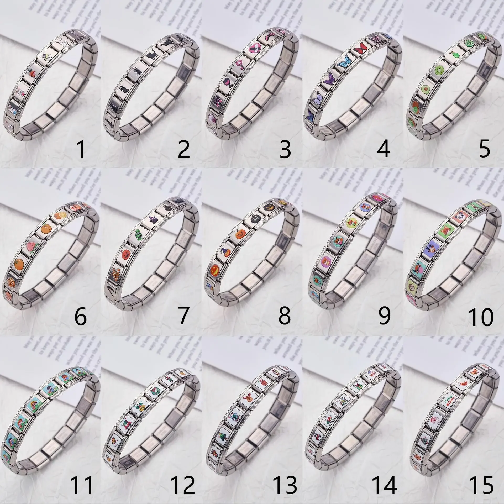 

Colorful Printed Cartoon Halloween Christmas Patterns Italian Charm Module Stainless Steel Bracelets for Woman Men DIY Jewelry
