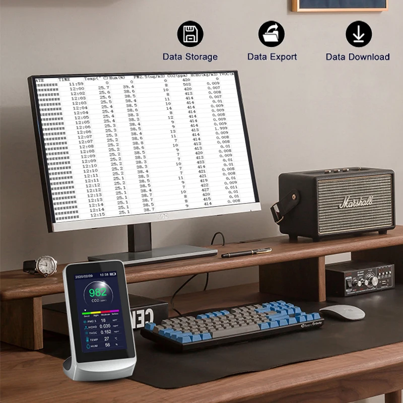 Descarga de exportación de datos Medidor PM2.5 Detector de gas Monitor infrarrojo de CO2 Medidor de calidad del aire multifunción