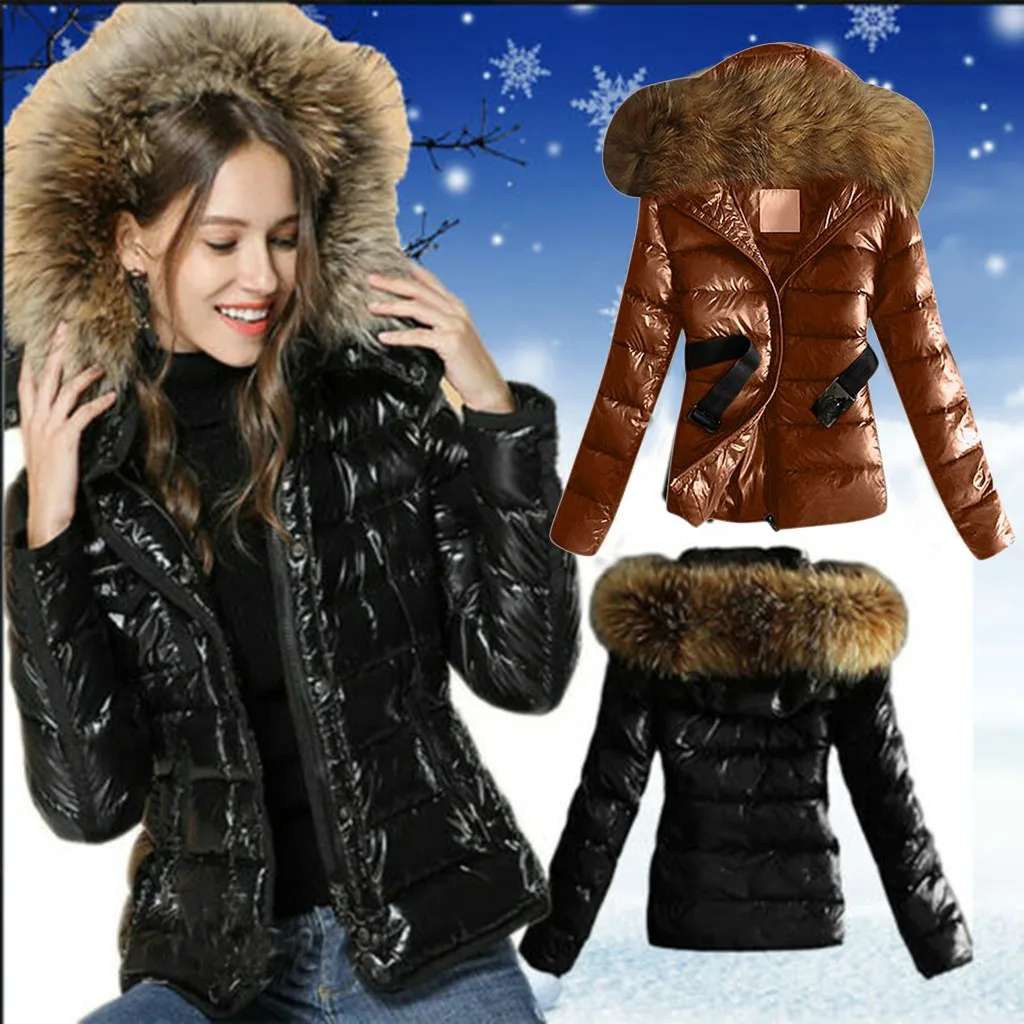 Winter Puffer Jacket Women Fuax Fur Collar Hooded Jacket Coats Short Slim Warm Down Coat Winter Outerwear Tops Padding Parkas