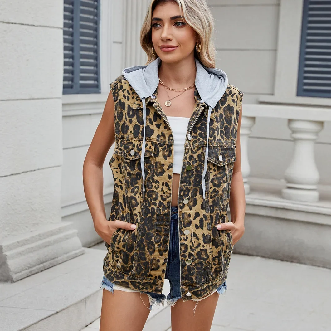

Denim Vest Leopard Print Waistcoat Women Washed Sleeveless Jacket Turn Down Collar Single Breasted Removable Hood Casual Tops