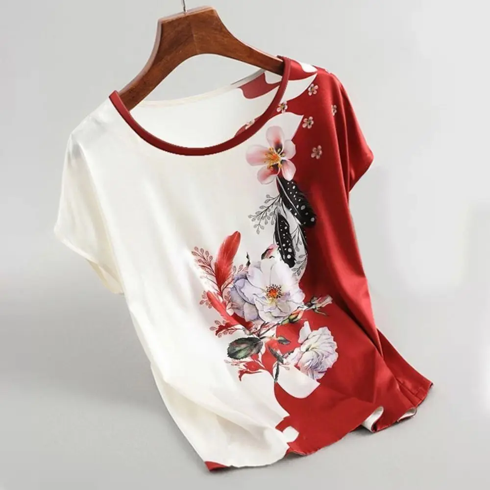 

Vintage Floral Print Blouse Comfortable Round Neck Women's Silk Satin Blouse 3 Size Breathable Short Sleeve T-Shirt Female