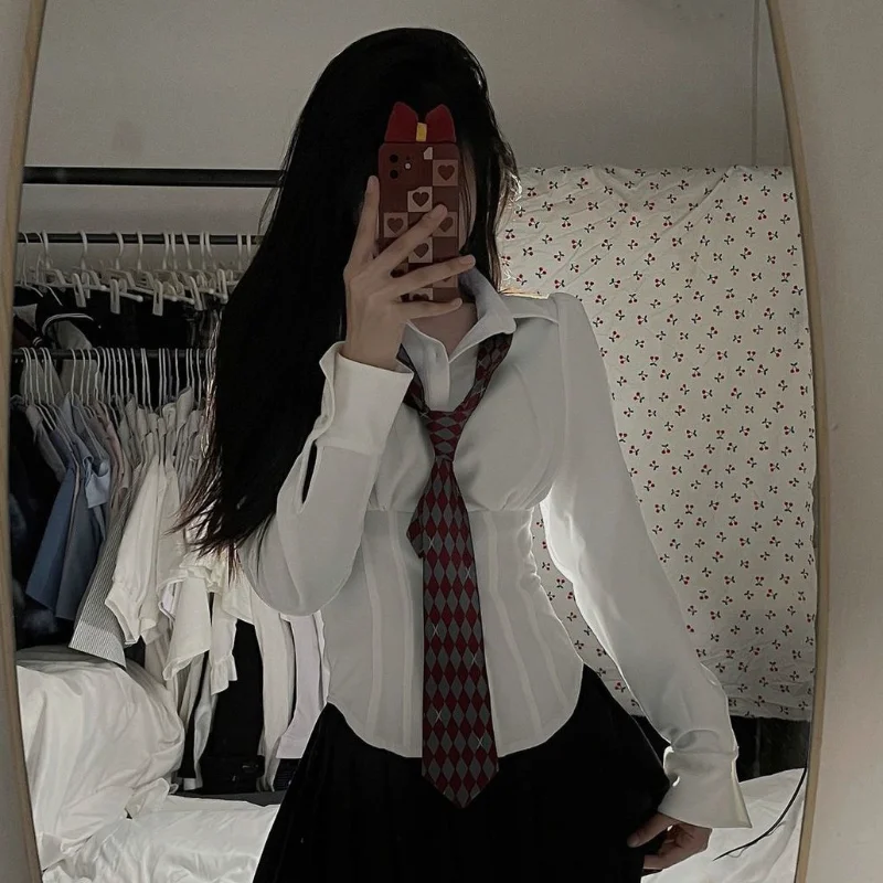 Camicie per le donne Slim Bianco Camisas Ropa Mujer Top Manica lunga Y2k Abbigliamento Preppy Coreano Stile di moda JK Studenti Retro Solid