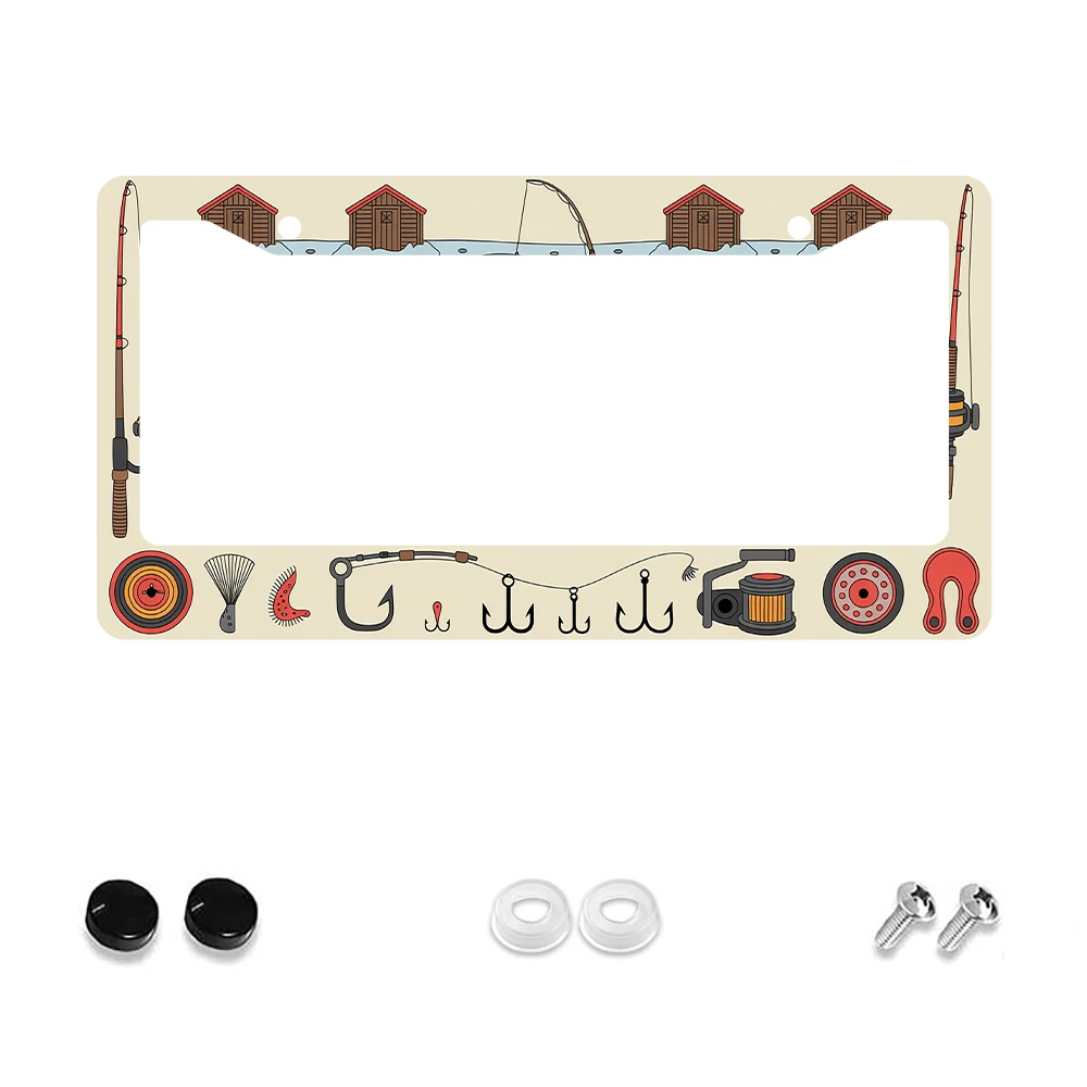 

1pc Beige Color Fishing Theme 2 Hole License Plate Frame, Cartoon Pattern, Aluminum Material, 6x12 Inches, with Screw Kit, Fun