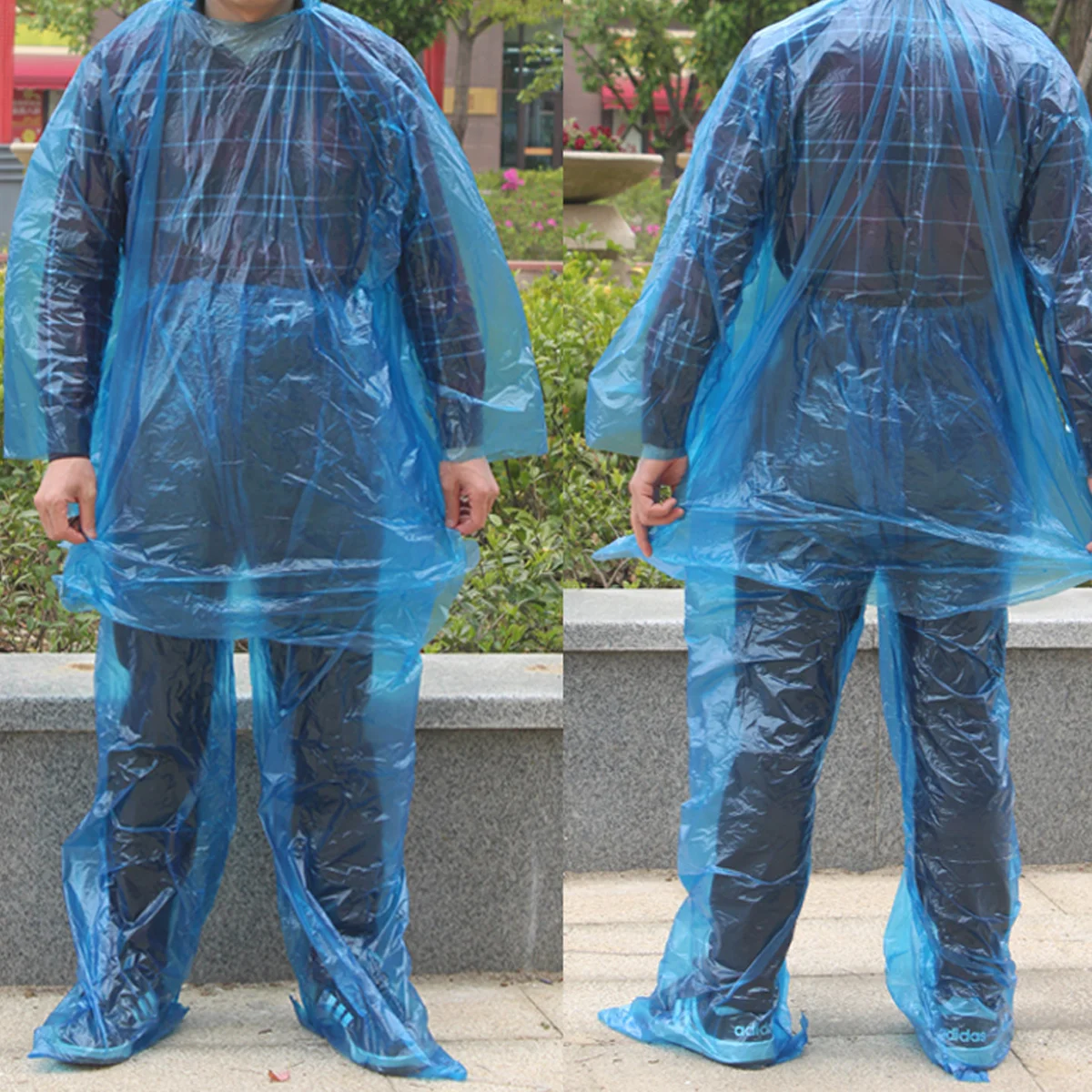 

1 Set/3pcs Disposable Two-piece Raincoat Adults Windproof Hooded Rain Poncho Unisex Plastic Raincoats Hoodie with Shoe Cover for
