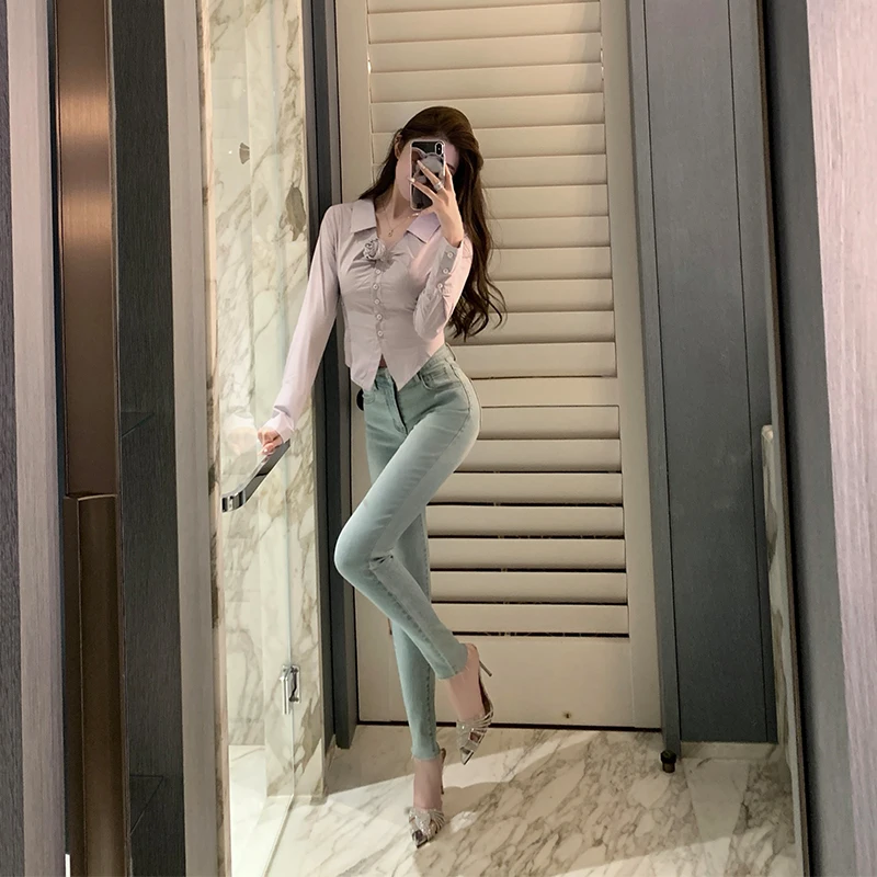 Faionable comfortabele lichtblauwe denim jeans dames lente zomer hoge taille slim fit enkellange strakke katoenen stretchjeans