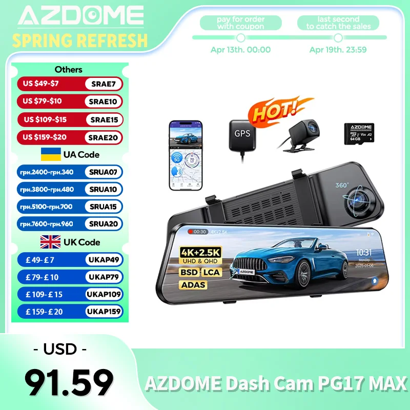 AZDOME PG17 MAX Front and Rear Dash Cam 12 Inch Touch Screen Car DVR 4K+2.5K Rearview Mirror Camera GPS WIFI Voice Control ADAS