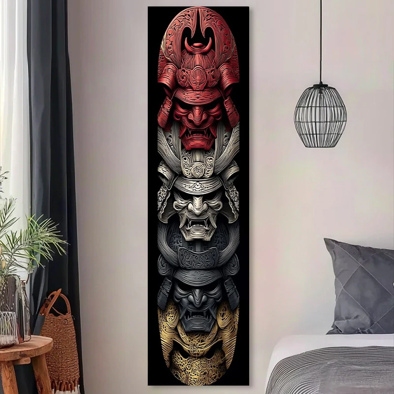 VIKAMA Japanese Samurai Mask Long Wall Hanging, Stacked Demon-Face Helmet Ukiyo-e Wall Hanging, Hallway Tattoo Shop Home Decor