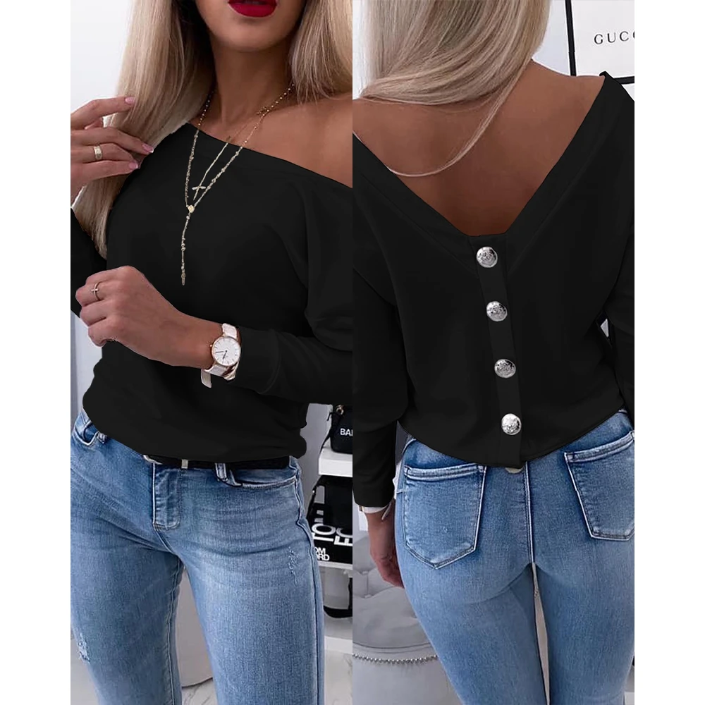 Spring Women Buttoned Decor V Neck Back Casual T-Shirts Long Sleeve Top Sexy Backless Daily Outfits Korean Style Y2k Clothing