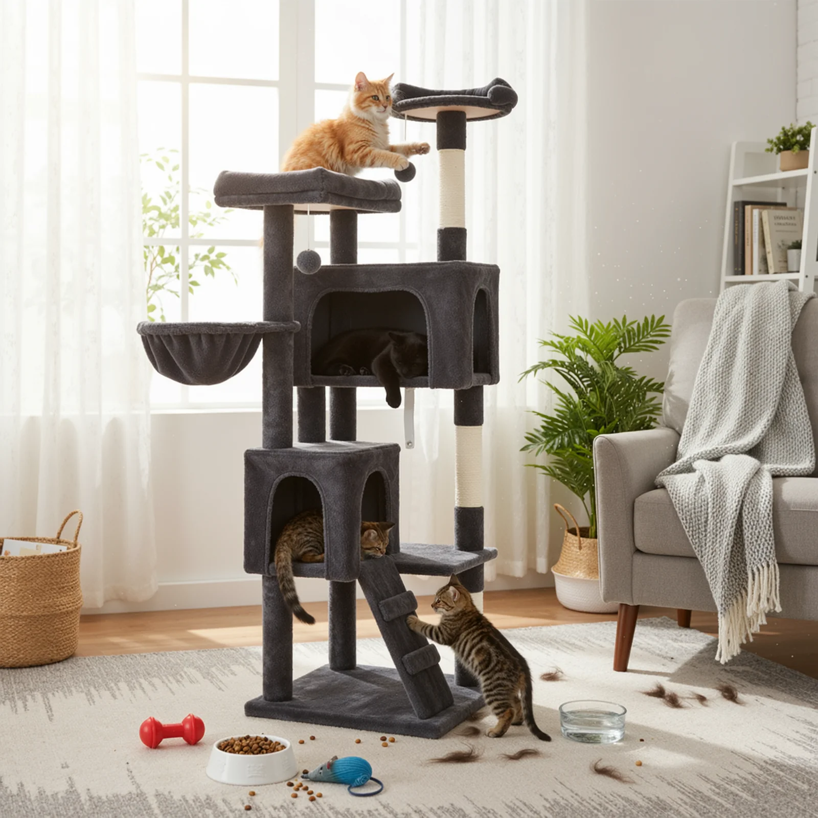 

HOOMIC 64" Multi-Level Cat Tree Tower for Large Indoor Cats, Plush Condos, Basket Perch & Sisal Scratching Posts