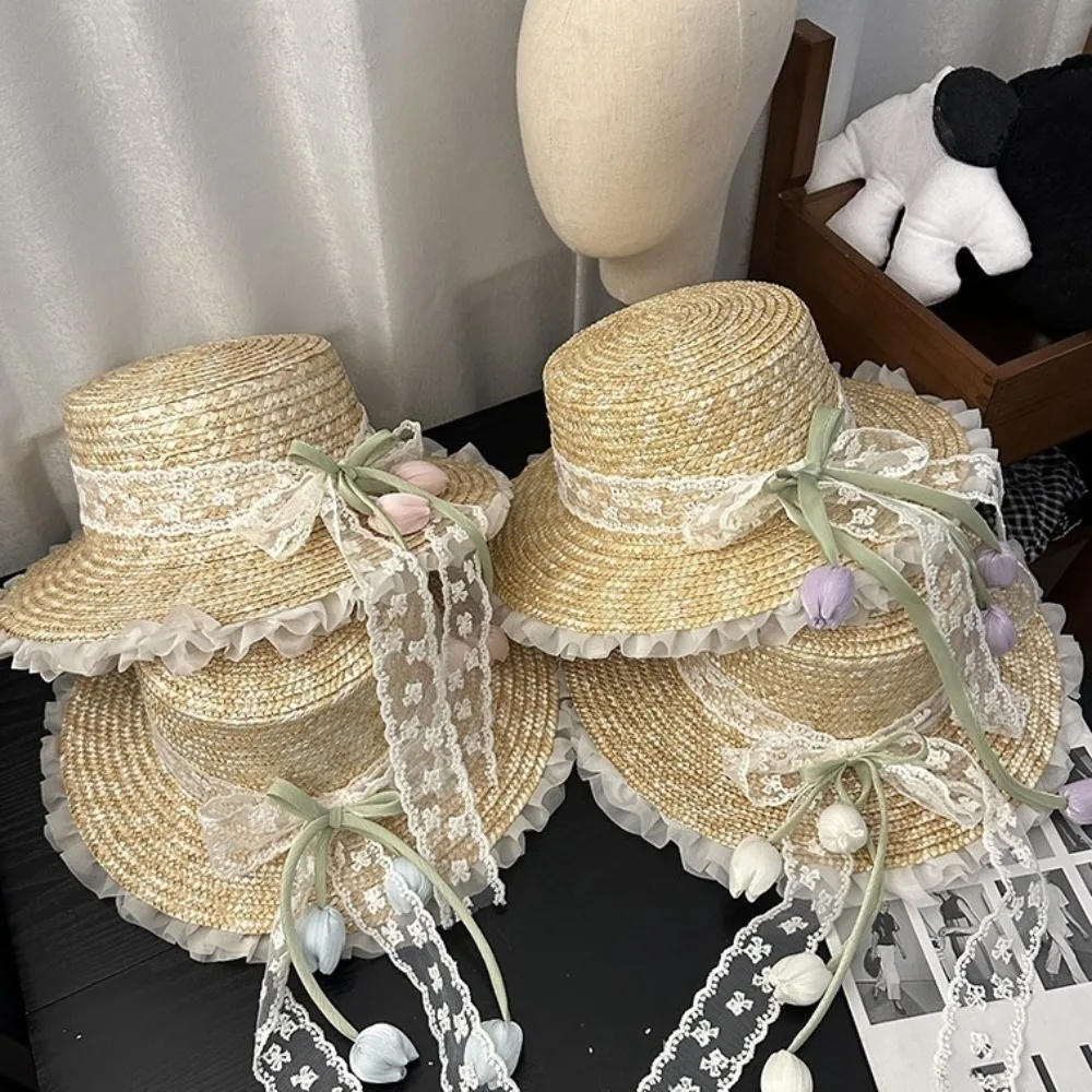 

Sunscreen Lace Bow Straw Hat Wide Brim Weave Outing in Spring Tulip Hat UV Protection Flower Summer Beach Sun Hat Spring Walk