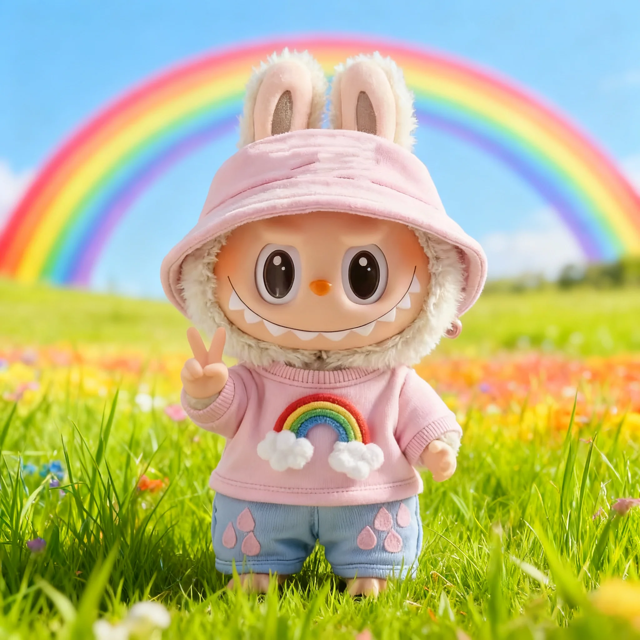 ชุดเสื้อผ้าสำหรับตุ๊กตา Labubu V1 V2 V3 ขนาด 17 ซม. ชุดฤดูร้อน เสื้อสีรุ้ง ชุดสามชิ้น การ์ตูนน่ารัก ของเล่นตุ๊กตา เสื้อผ้าและเครื่องประดับ