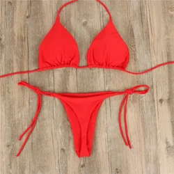 Traje de baño para mujer, conjunto de Bikini Sexy con Tanga y lazo lateral, traje de baño estilo vendaje, traje de baño brasileño, sujetador ultrafino y conjuntos breves, lencería erótica